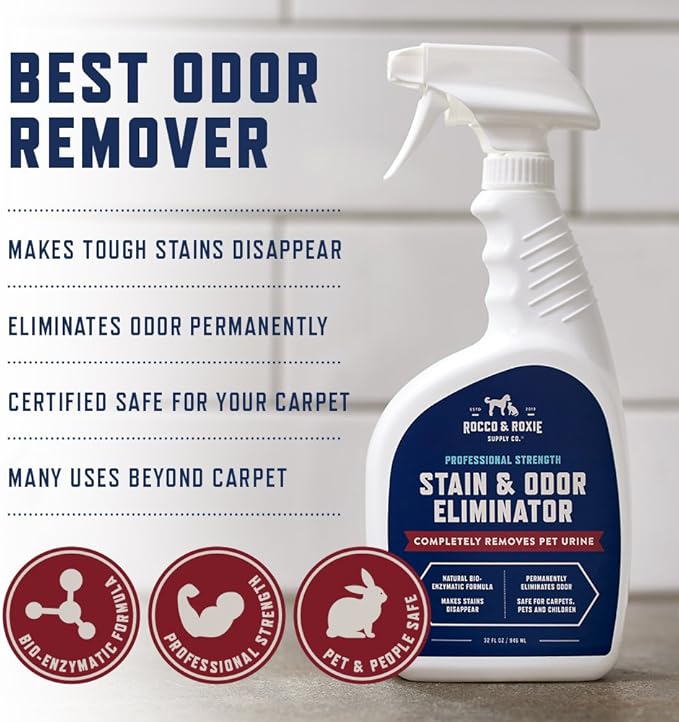 Rocco &amp; Roxie Stain &amp; Odor Eliminator for Strong Odor, 32oz Enzyme Pet Odor Eliminator for Home, Carpet Stain Remover for Cats &amp; Dog Pee, Enzymatic Cat Urine Destroyer, Carpet Cleaner Spray