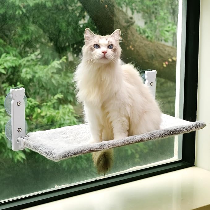 pettycare Cat Window Perch, Cordless Cat Window Hammock Bed with 4 Strong Suction Cups, Foldable Kitten Balcony Seat for Inside Hold Up to 40lbs, Solid Metal Frame and Soft Reversible 2 Fabrics Cover