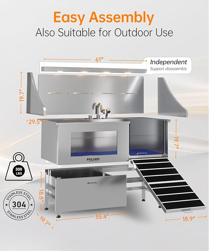 POLIMO Dog Washing Station, LED Professional Stainless Steel Dog Bathing Station 61", Dog Grooming Tub for Large, Medium &amp; Small Dog - with Window, Ramp, Drawer, Floor Grate &amp; Faucet (Right RAMP, 61")