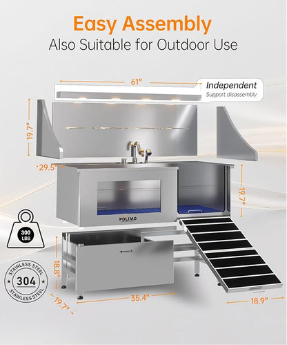 POLIMO Dog Washing Station, LED Professional Stainless Steel Dog Bathing Station 61", Dog Grooming Tub for Large, Medium &amp; Small Dog - with Window, Ramp, Drawer, Floor Grate &amp; Faucet (Right RAMP, 61")