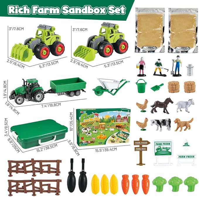 FRUSE Play Sand Farm Toys,Sensory Bins for Toddlers with 2.2lbs Sensory Play Sand,Farm Figures &amp; Tractor Playset,Sandbox Toys for Kids 3 4 5 6 7