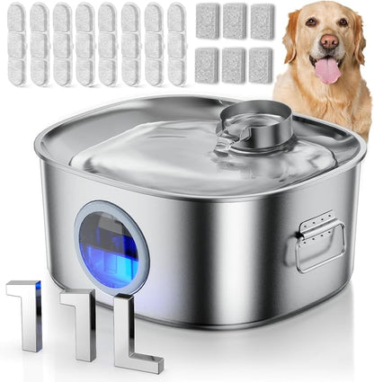 Dog Water Fountain Stainless Steel, 11L/2.8Gal Large Pet Water Fountain for Large Dogs Inside, Dog Fountain Water Bowl Automatic Dispenser with Visible Window &amp; LED, Ultra Quiet (with 8pcs Filters)