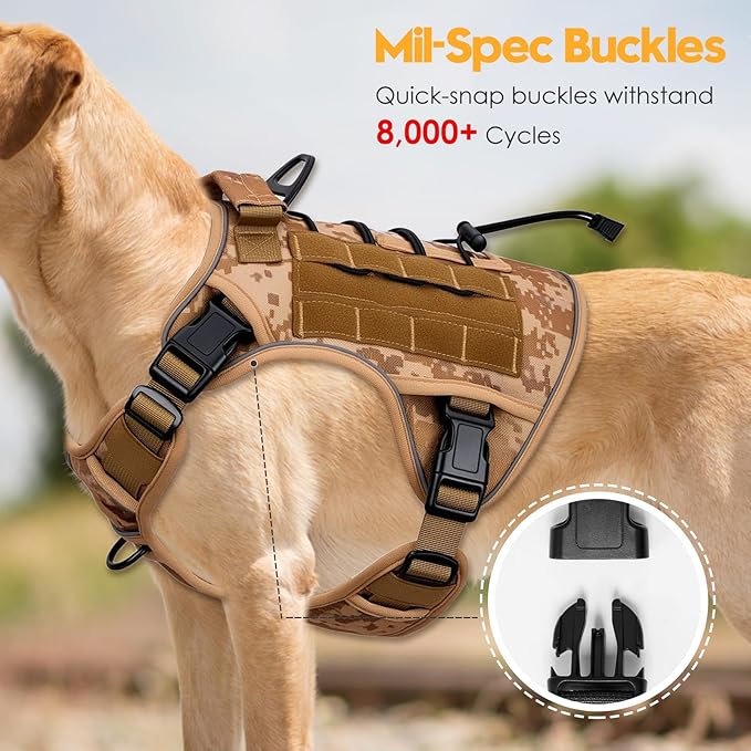 Heavy-Duty Tactical Dog Harness for Large Dogs, No Pull Adjustable Reflective Pet Vest with Molle System, K9 Military-Grade Control for Service Training, Outdoor &amp; 10+ Breeds, Khaki Camo, X-Large