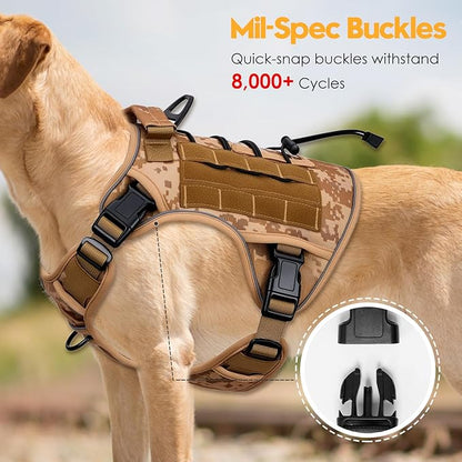 Heavy-Duty Tactical Dog Harness for Large Dogs, No Pull Adjustable Reflective Pet Vest with Molle System, K9 Military-Grade Control for Service Training, Outdoor &amp; 10+ Breeds, Khaki Camo, X-Large