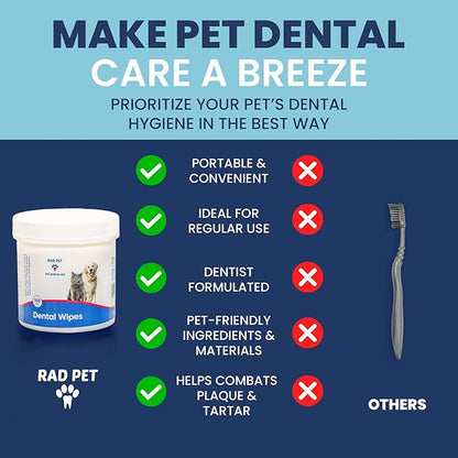 Rad Health Dog Dental Wipes - 100ct Pet Dental Finger Wipes, Easy No-Brush Teeth Cleaning, Removes Plaque &amp; Tartar, Boosts Oral Hygiene, Freshens Breath, Gentle on Mouth, Strong on Build-Up