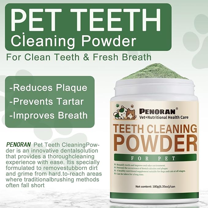 Dog Dental Powder, 6 oz, Dog Teeth Cleaning Powder &amp; Cat Breath Freshener, Plaque Off Pet Tooth Cleaning - Combating Dental Plaque, Tartar Cleaning and Removal, Fighting Bad Breath, Oral Care
