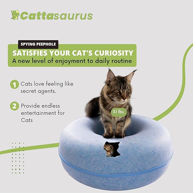 Cattasaurus Peekaboo Cat Cave for Multiple &amp; Large Cats Up to 30-45 Lbs, Scratch Detachable &amp; Washable Tunnel Bed, Comfy Donut Cat Cave (Blue, Jumbo)