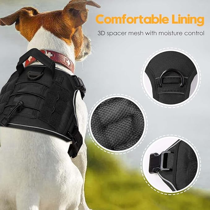 Heavy-Duty Tactical Dog Harness for Large Dogs, No Pull Adjustable Reflective Pet Vest with Molle System, K9 Military-Grade Control for Service Training, Outdoor &amp; 10+ Breeds, Black, Medium
