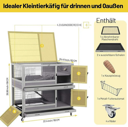 Aivituvin Rabbit Hutch Rabbit Cage Outdoor &amp; Indoor on Wheels Bunny cage with Deep No Leak Pull Out Tray,Upgrade Version (Gray)