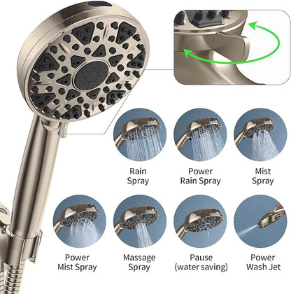 High Pressure Shower head with Handheld 7 Modes, Built-in Power Wash to Clear Tub. Tile &amp; Pets, 5” High Flow Hand Held Rain Showerhead with Stainless Steel Hose and Adjustable Bracket- Brush Nickel
