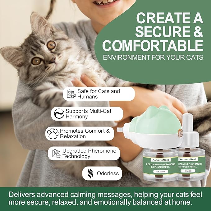 Cat Calming Diffuser Kit with 2 Plug-in &amp; 4 Refills, Pheromone Diffuser for Cats Reducing Fighting, Scratching, Urine, Aggression, Anxiety, Fireworks, Vet Visits, Travel, 120 Day Supply, Safe Formula