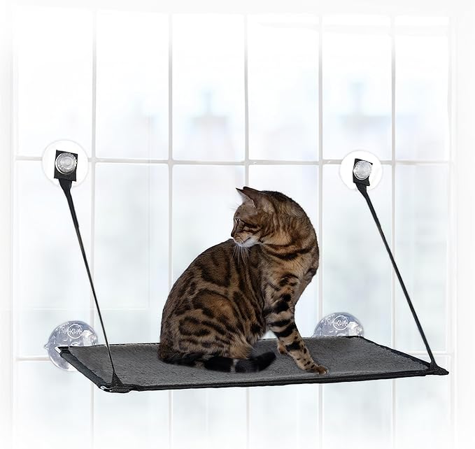 K&amp;H Pet Products EZ Mount Cat Window Perch for Large Cats, Sturdy Kitty Sill Window Hammock Bed, Steel Frame, Sturdy Suction Cups, Washable Shelf Cover, Foldable - Fits 27"W X 23"H Glass Spaces