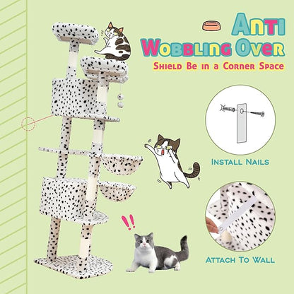 SHA CERLIN 73in Fan-Shaped Corner Cat Tower for Save Space/Multi-Level Tall Tree for Indoor Kitties/Condo with Baskets/Cozy Perches/Sisal Scratching Posts/Pet Activity House/White &amp; Black Spot