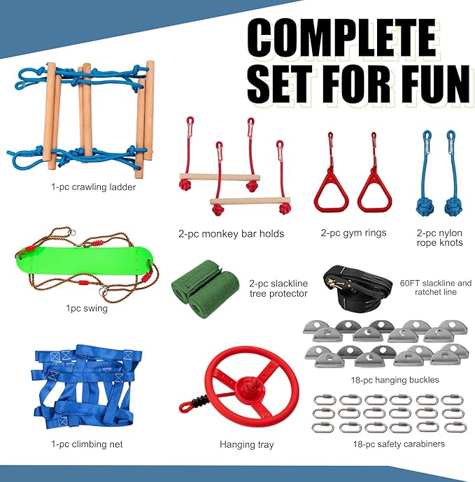 Slsy 60FT Ninja Warrior Obstacle Course (10 Obstacles), Ninja Slackline Kit for Kids, Durable Playset Equipment with 10 Complete Set-Monkey Bar,Swing, Climbing Ladder &amp; Net