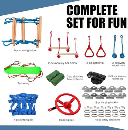 Slsy 60FT Ninja Warrior Obstacle Course (10 Obstacles), Ninja Slackline Kit for Kids, Durable Playset Equipment with 10 Complete Set-Monkey Bar,Swing, Climbing Ladder &amp; Net