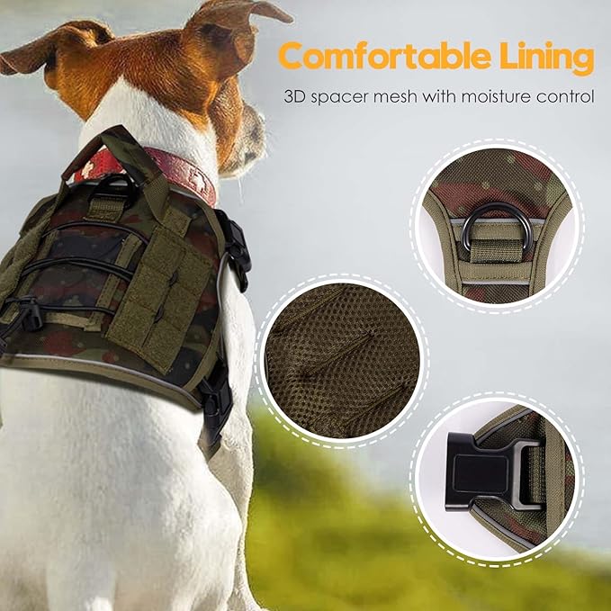 Heavy-Duty Tactical Dog Harness for Large Dogs, No Pull Adjustable Reflective Pet Vest with Molle System, K9 Military-Grade Control for Service Training, Outdoor &amp; 10+ Breeds, Green Camo, Medium