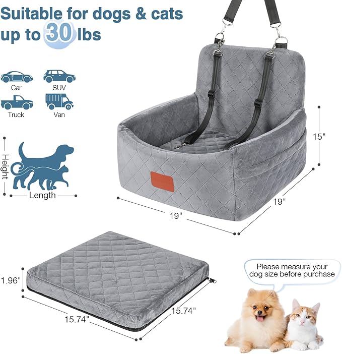 Dog Car Seat for Small Dogs Under 30lbs,Comfy &amp; Safe Travel Bed with Washable Cover,2 Clip-On Safety Leashes and Pockets,Anti-Slip Base,Easy to Install(Grey)