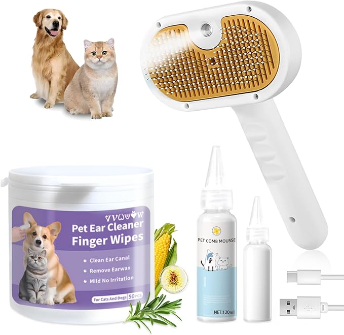 Pet Steam Brush for Dog &amp; Cat–3-in-1 Spray Hair Removal Comb–Steam Brush for Shedding &amp; Grooming–Water Brushes for Long &amp; Short Haired Pets–Spritz Defur Comb–Includes Waterless Shampoo &amp; Ear Wipes