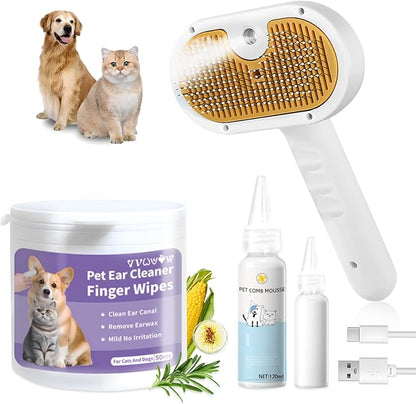 Pet Steam Brush for Dog &amp; Cat–3-in-1 Spray Hair Removal Comb–Steam Brush for Shedding &amp; Grooming–Water Brushes for Long &amp; Short Haired Pets–Spritz Defur Comb–Includes Waterless Shampoo &amp; Ear Wipes