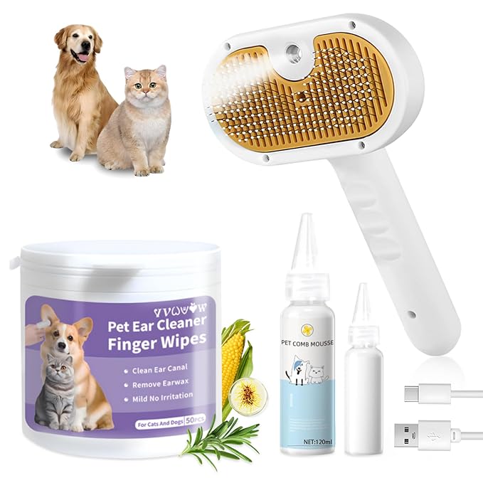 Pet Steam Brush for Dog &amp; Cat – 3-in-1 Spray Hair Removal Comb – Steam Brush for Shedding &amp; Grooming – Spritz Defur Comb – Includes Ear Wipes