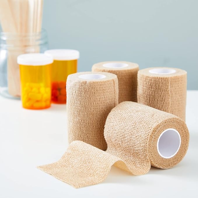 12-Rolls Self Adherent Bandage Wrap, Vet Tape - 3 in x 5 Yds Breathable, Elastic Cohesive Wrap Tape for Wrist, Swelling, Sports, Tattoo (Tan)