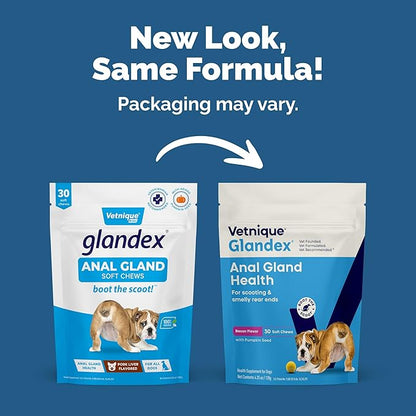 Vetnique Labs Glandex Anal Gland Soft Chew Treats with Pumpkin for Dogs Digestive Enzymes, Probiotics Fiber Supplement for Dogs Boot The Scoot (Bacon/Pork Chews, 30 Count)