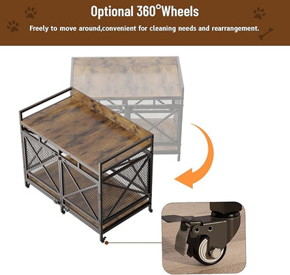 COZPAW Large Dog Crate Furniture, 48 Inch Wooden Dog Kennel for XLarge Dogs, Heavy Duty Dogs Furniture Indoor Wire Dog Cage with Caster Wheels, Decorative Pet House End Table, Brown