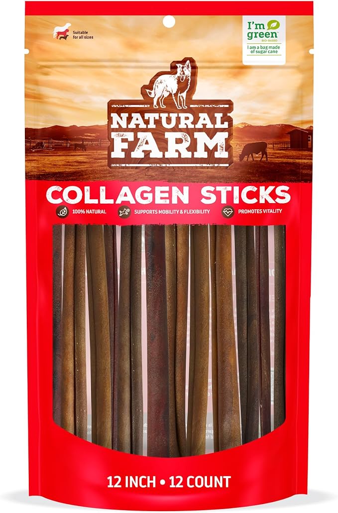 Natural Farm Odor-Free Collagen Chews, (12-Inch, 12-Pack), Long Lasting Bully Sticks &amp; Rawhide Alternative Dog Treats, 95% Collagen, High Protein Best Dental Dog Treats – Medium &amp; Large Dogs