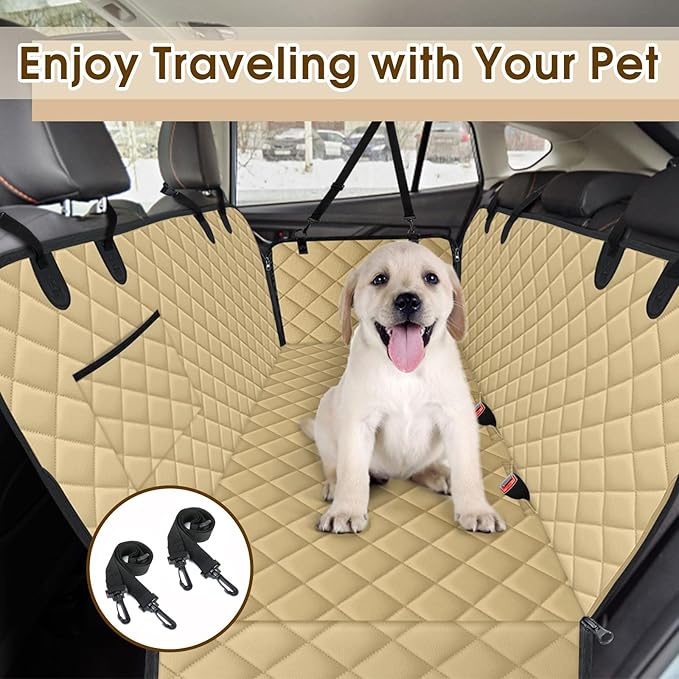 Waterproof Dog Car Seat Cover for Back Seat - Durable, Scratch Proof Pet Hammock with Nonslip Design &amp; Storage Pockets, Fits Cars, SUVs, Trucks - L, Khaki/Black