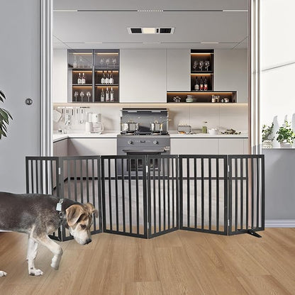 ZJSF Freestanding Indoor Dog Gate for House Foldable Wood Puppy Gate for Doorways Pet Gate for Stairs Extra Wide Pet Fence, Black, 32" Height 6 Panels
