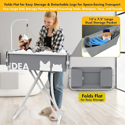 PAWZIDEA 2-in-1 Portable Dog Bathtub &amp; Grooming Table, 33" Foldable Pet Washing Station for Small Medium Dogs Cats, Elevated Tubs for Bathing Shower Indoor Outdoor, 5 Height Adjustable, Storage Pocket