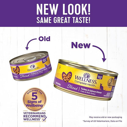 Wellness Complete Health Sliced Adult Wet Cat Food, Natural, Protein-Rich, Grain Free, 5.5 Ounce, 24 Pack, (Turkey &amp; Salmon Entrée)