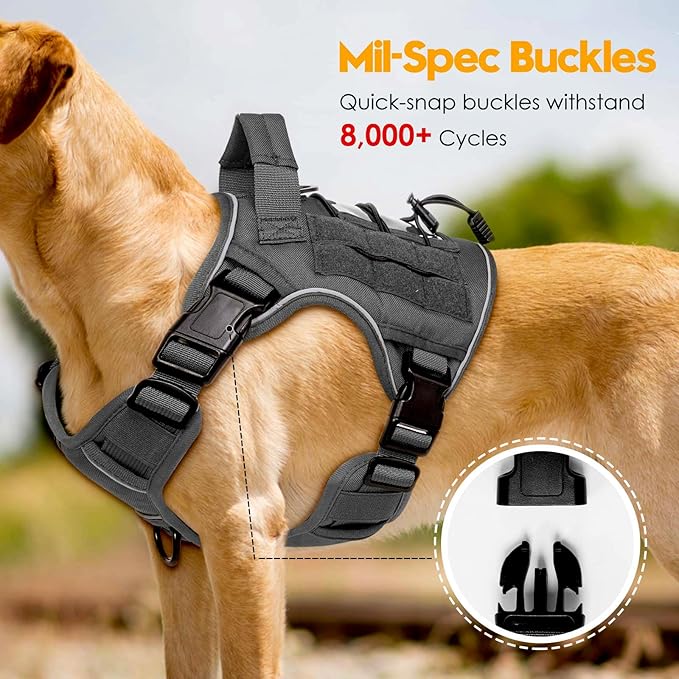 Heavy-Duty Tactical Dog Harness for Large Dogs, No Pull Adjustable Reflective Pet Vest with Molle System, K9 Military-Grade Control for Service Training, Outdoor &amp; 10+ Breeds, Gray, Medium