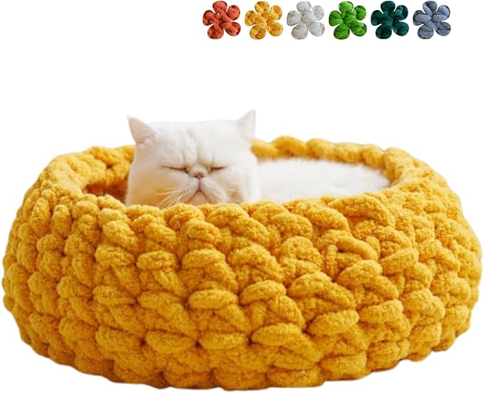 Cat Nest Bed – Premium Handwoven Washable Extra Soft Round Cave House for Indoor Kitten &amp; Kitty, Small &amp; Large (Persimmon Yellow,Medium)