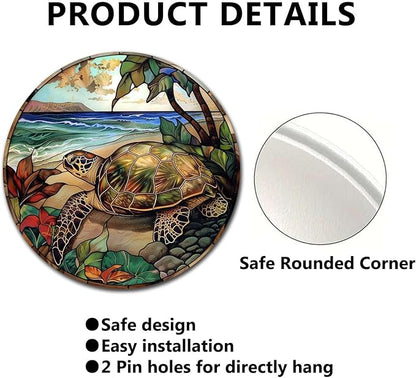 Lygond Metal Sign Tin Sign Circular Stained Glass Turtle Decor Outdoor for Yard 8×8 Inches