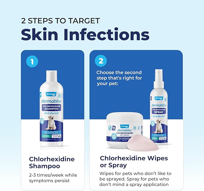 Vetnique Dermabliss Chlorhexidine for Dogs Skin Health Antibacterial Wipes for Dogs for Infections, Irritation &amp; Redness Relief (Skin Wipes, 50 Count)