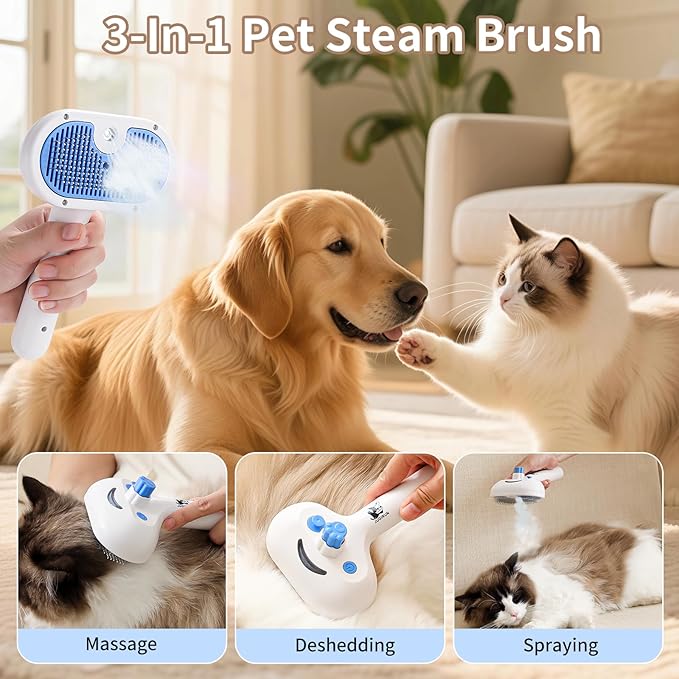 Cat Steam Brush for Shedding,3 In 1 Steam Brush for Dogs &amp; Cats,Spray Hair Removal Comb,Includes Waterless Shampoo,Suitable for Long-haired and Short-haired Pets