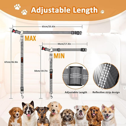 Removable Dog Seat Belt Harness for Car, 3 in 1 Pet Dog Car Seatbelt Leash, Retractable Restraint Secures to Vehicle Headrest &amp; Adjustable Reflective Bungee Dog Seatbelt Tether, Grey