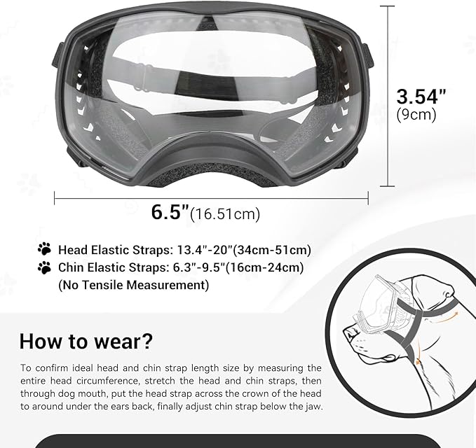 NAMSAN Clear Dog Goggles for Large Dogs, Wide Eyecup &amp; Soft Frame, Anti-UV Sunglasses for Dogs Medium to Large Breed, Driving Dog Eye Protection, Windproof Dustproof, Adjustable, Black Frame