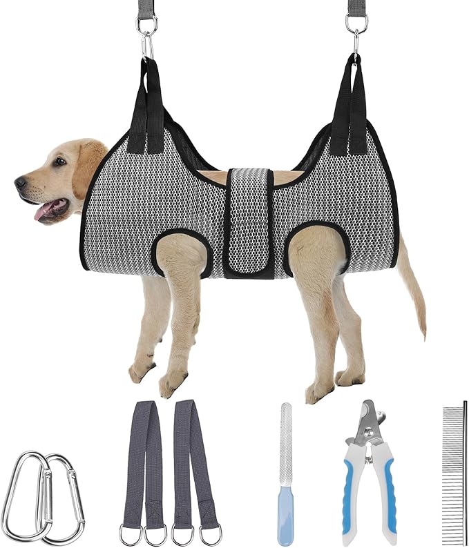 PAWCHIE Dog Grooming Hammock Harness for Dogs &amp; Cats with Pet Nail Clipper Trimmer- Breathable Cat Hanger Sling for Trimming Clipping Nails-Dog Hammock Restraint Bag for Small Medium Large Dog, Grey M
