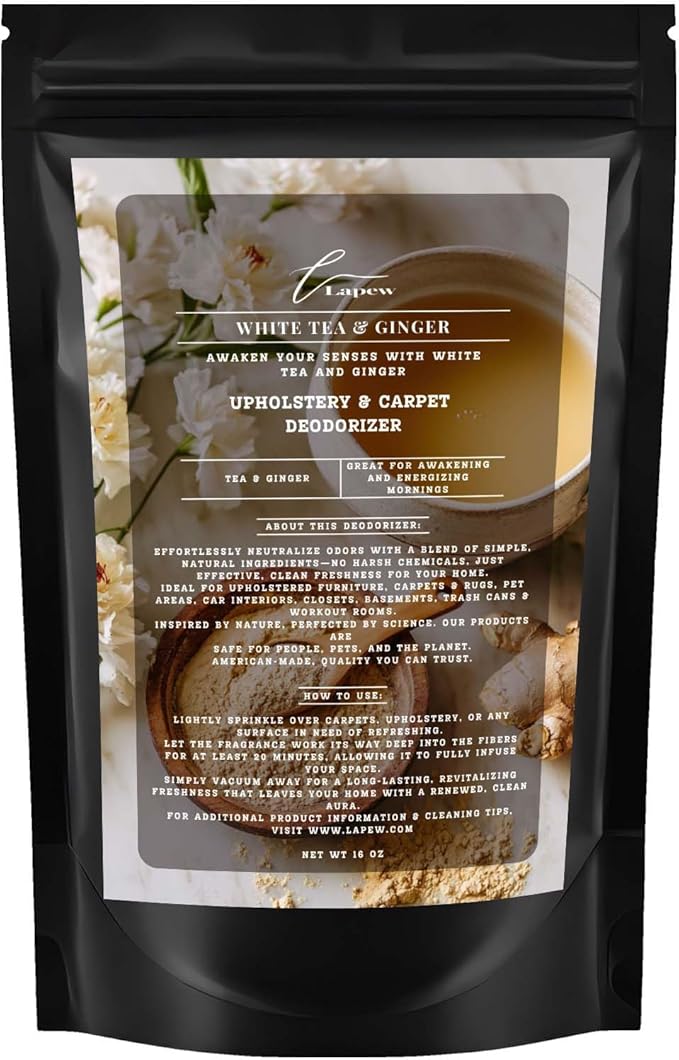 White Tea &amp; Ginger Carpet Freshener Powder: Powerful Odor Eliminator for Home, Upholstery Deodorizer, Carpet Deodorizer, Pet Urine, Cat Litter Box - White Tea &amp; Ginger Fragrance.