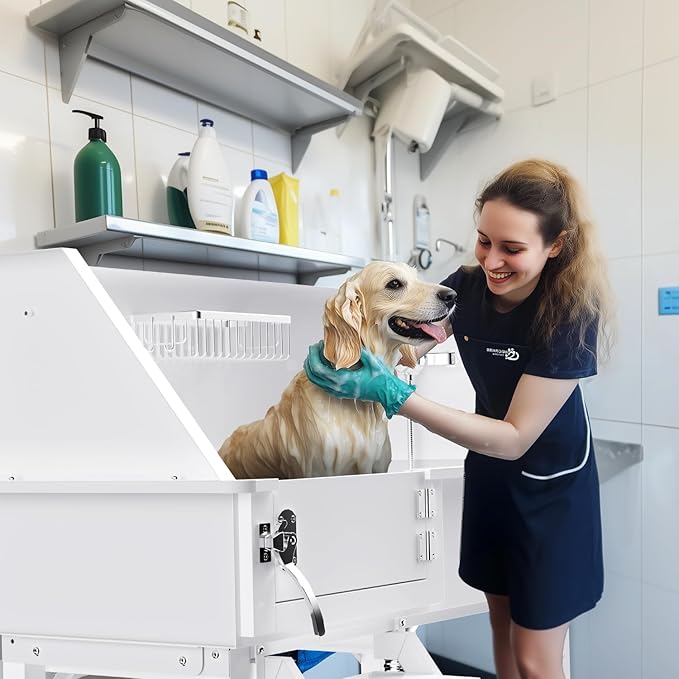 Dog Washing Station for Home, 38" White Professional Stainless Steel Dog Grooming Tub, Height Adjustable Dog Bathing Station, Upgrade Parts, Dog Bath Tubs for Small &amp; Medium Dogs(Left Stair)