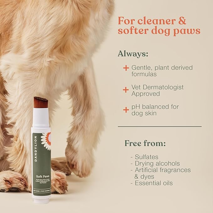 Dandylion Soft Paws | Paw Lotion with Brush | Dog Paw Balm Hydrating Alternative | Vet-Approved, Lick-Safe &amp; Fragrance-Free | pH-Balanced for Itchy, Dry, Cracked Paws, Small &amp; Large Dogs 0.6 fl oz