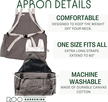 Roo Gardening Apron with Pockets &amp; Harvesting, Picking Pouch - Adjustable, Water-resistant, Washable Canvas Cotton