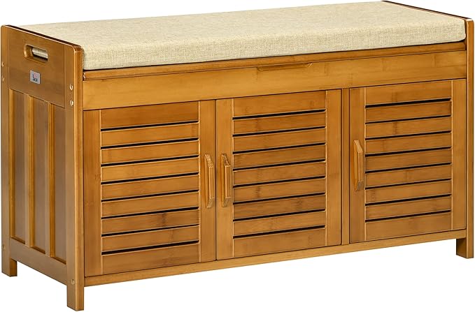 Shoe Bench with Storage Cabinets, Bamboo Entryway Bench with Seating Cushion, 3 Doors and Hidden Compartment for Hallway, Brown