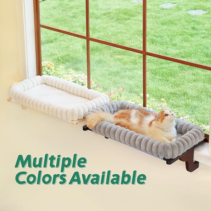 SnugCloud Cat Window Perch with 4-Sided Bolster - Orthopedic Cat Hammock for Window Sill - Solid Hardwood &amp; Metal Frame - Window Seat for Pets (Dark Stained Wood w/Gray Bed, Large)