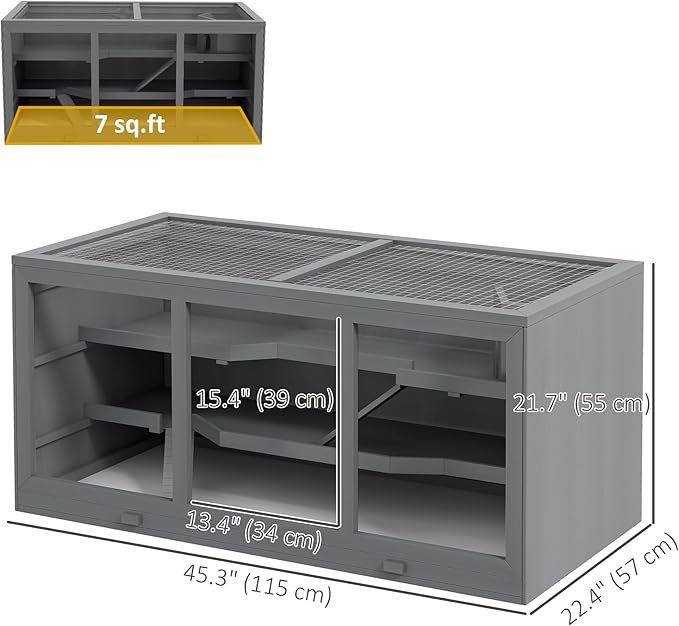 PawHut 45" Extra Large Wooden Hamster Cage, 3-Layer Chewproof Rat Cage with Opening Roof, Hut, Ramps, for Gerbil, Dwarf &amp; Syrian Hamsters, Gray