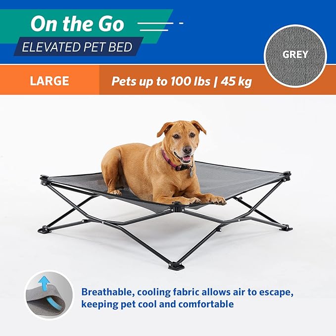 Coolaroo On-The-Go Elevated Dog Bed - Foldable Pop-Up Travel Dog Bed with Breathable, Moisture-Resistant Fabric, Carry Bag Included, Lightweight &amp; Portable, Steel Gray, Large