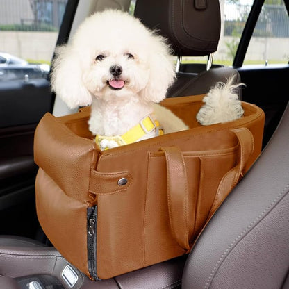 2 and 1 Center Console Dog Car Seat &amp; Carrier for Small Dogs, Large Leather Dog Car Bed with Storage Pocket, Waterproof PVC Leather Seat Travel Bed for Front &amp; Back Seat, Clip-On Safety Leash