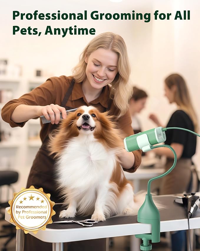 L&amp;W BROS. 2-in-1 Pet Hair Dryer with Clamp Stand – Wearable &amp; Hands-Free Dog Grooming Dryer, 950W Low Noise Blower with 5 Heat &amp; 3 Speed Settings, for Small to Medium Pets (Green)